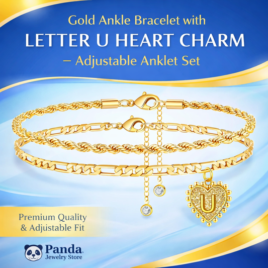 Gold Ankle Bracelet with Letter U Heart Charm – Adjustable Anklet Set | Panda Jewelry