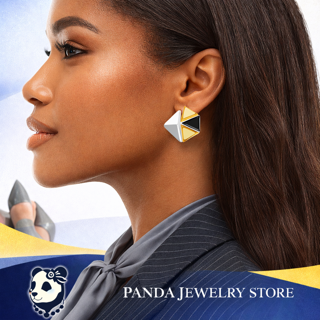 Fine Jewelry Electroforming Women Hypoallergenic S999 Sterling Silver Geometric Gold Silver Tone Origami Pyramid Earrings