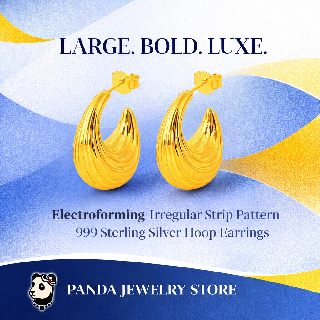 Electroforming Fashion Irregular Strip Pattern Large Light Bold Look Exaggerated Jewelry 999 Sterling Silver Hoop  Earrings