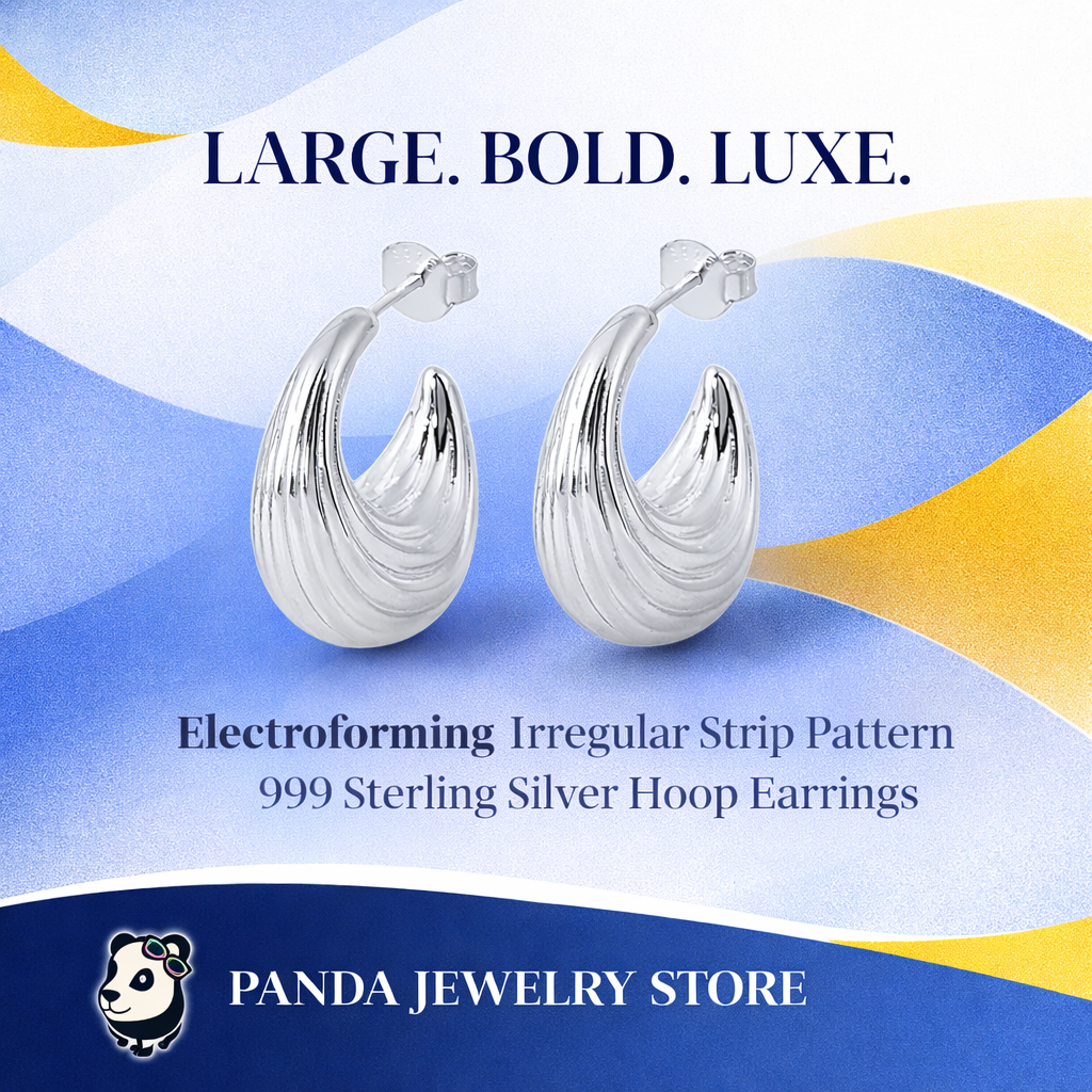 Electroforming Fashion Irregular Strip Pattern Large Light Bold Look Exaggerated Jewelry 999 Sterling Silver Hoop  Earrings