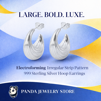 Electroforming Fashion Irregular Strip Pattern Large Light Bold Look Exaggerated Jewelry 999 Sterling Silver Hoop  Earrings