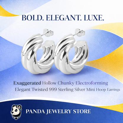 Exaggerated Hollow Chunky Electroforming Elegant Twisted 999 Sterling Silver Statement Jewelry Mini Round Hoop Earrings