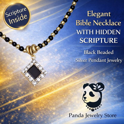 Elegant Bible Necklace with Hidden Scripture – Black Beaded Silver Pendant Jewelry