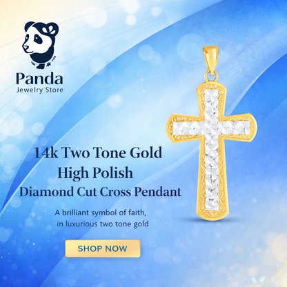14k Two Tone Gold High Polish Diamond Cut Cross Pendant