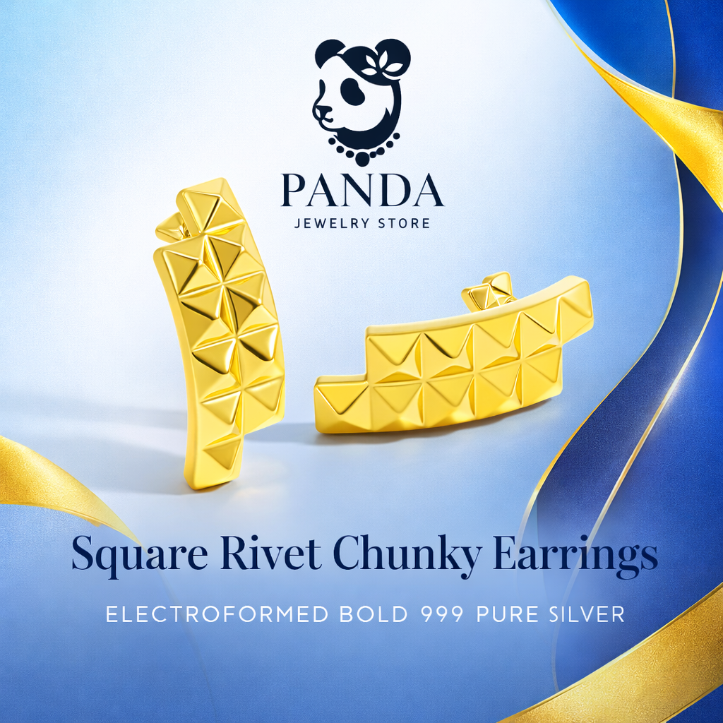 Trendy Women Daily Fashion Statement Electroforming Bold 999 Pure Silver Geometry Irregular Square Rivet Chunky Earrings