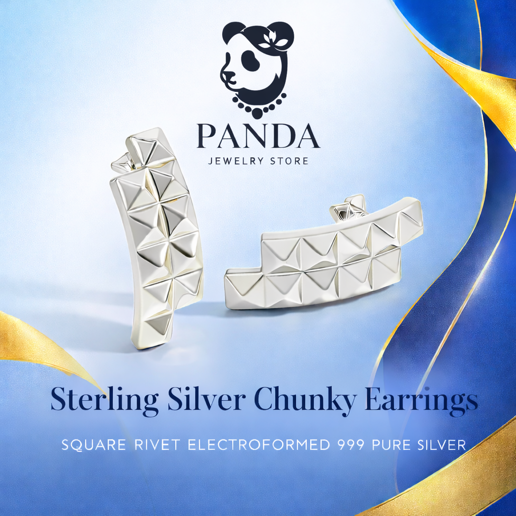Trendy Women Daily Fashion Statement Electroforming Bold 999 Pure Silver Geometry Irregular Square Rivet Chunky Earrings