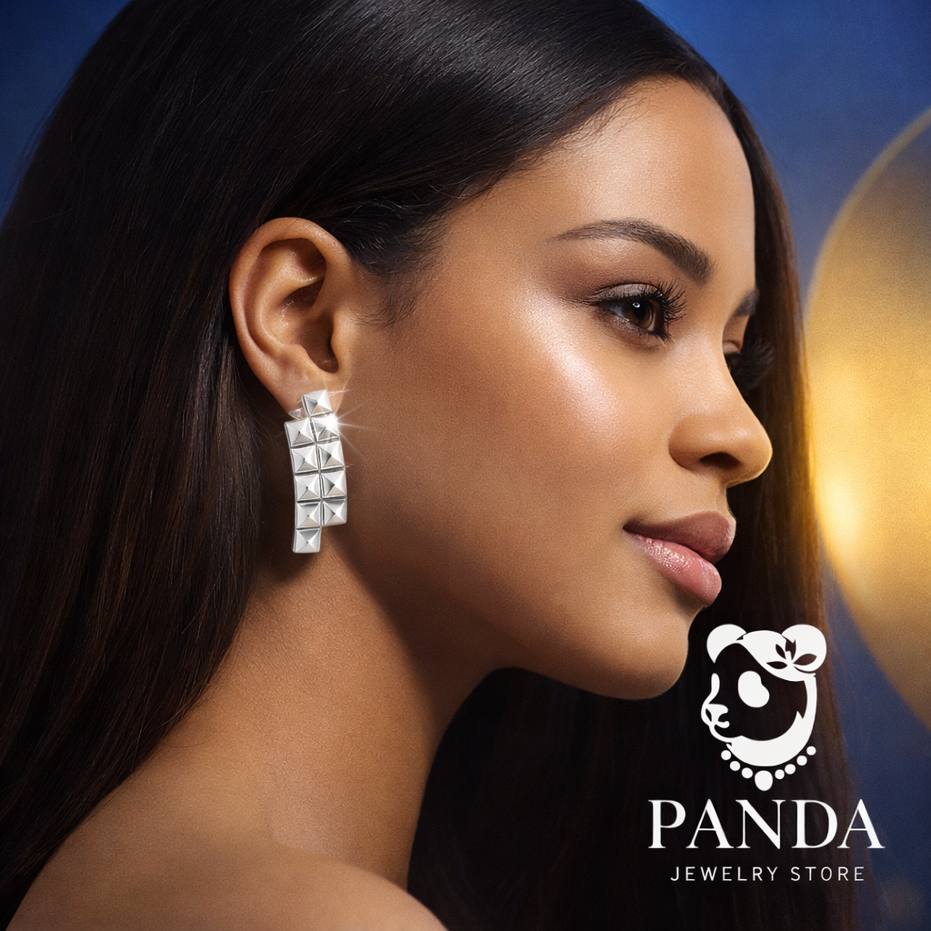 Trendy Women Daily Fashion Statement Electroforming Bold 999 Pure Silver Geometry Irregular Square Rivet Chunky Earrings