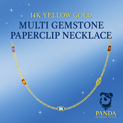 14K Yellow Gold Multi Gemstone Paperclip Necklace (1.50 mm)