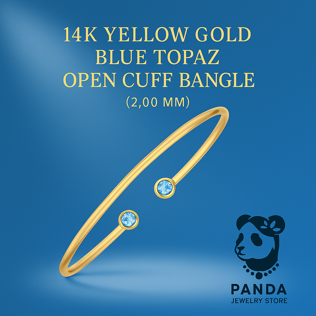 14K Yellow Gold Blue Topaz Open Cuff Bangle (2.00 mm)