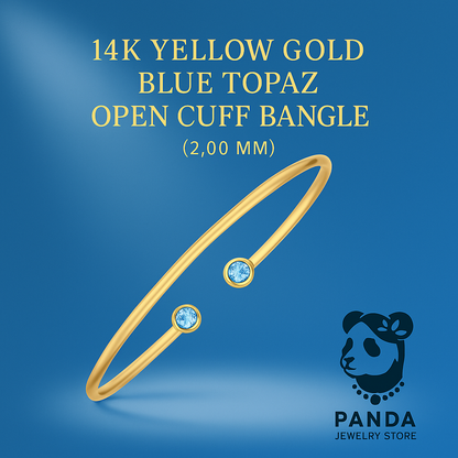 14K Yellow Gold Blue Topaz Open Cuff Bangle (2.00 mm)