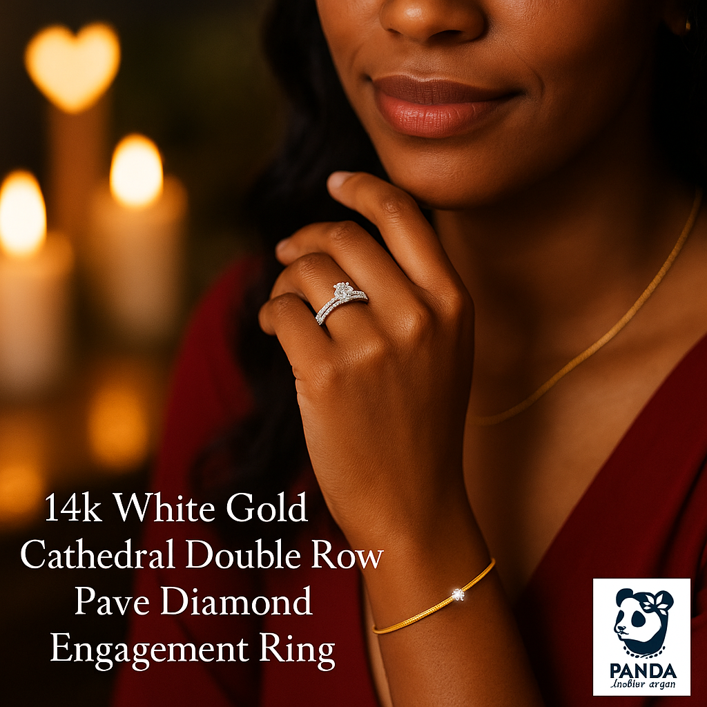 14k White Gold Cathedral Double Row Pave Diamond Engagement Ring