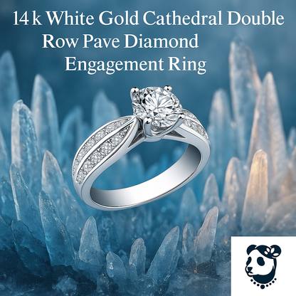 14k White Gold Cathedral Double Row Pave Diamond Engagement Ring