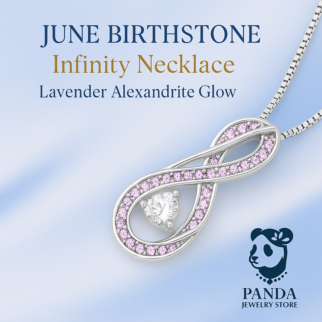 Infinity necklace with lavender Alexandrite stones on a light blue background, featuring the Panda Jewelry Store logo.