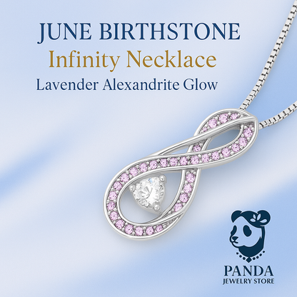 Infinity necklace with lavender Alexandrite stones on a light blue background, featuring the Panda Jewelry Store logo.