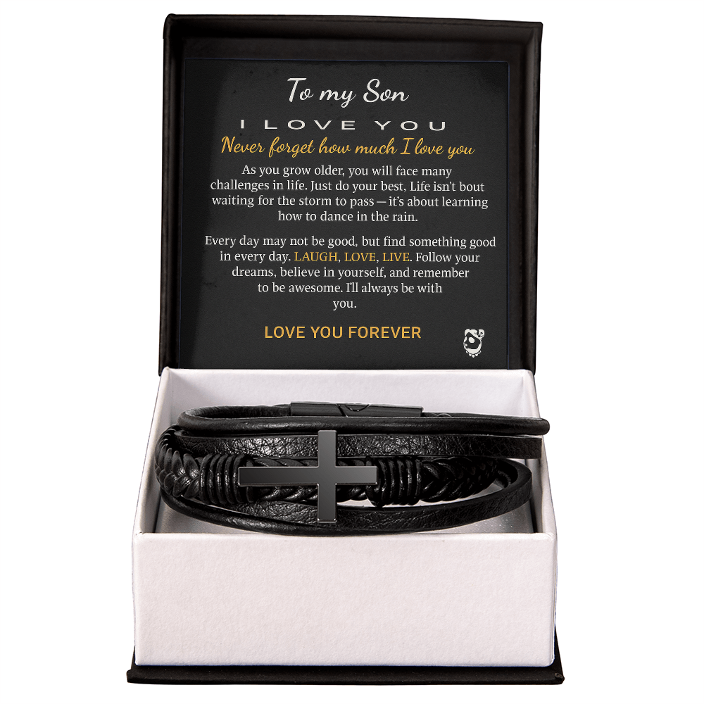 Men's Vegan Leather Christian Cross Bracelet in a 2-tone box with "To My Son" message card.