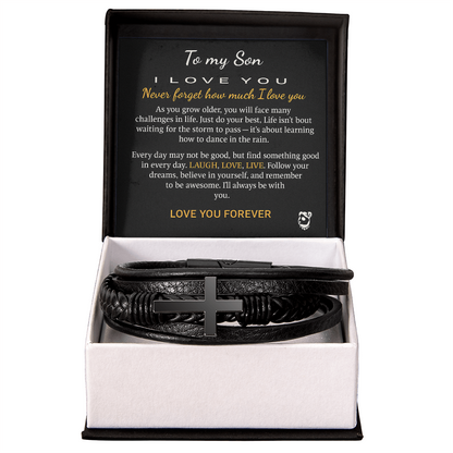 Men's Vegan Leather Christian Cross Bracelet in a 2-tone box with "To My Son" message card.