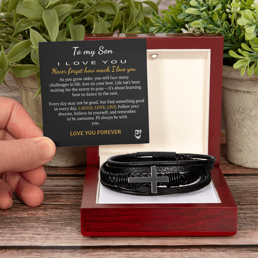 Black Christian Cross bracelet with a message card to "To My Son"