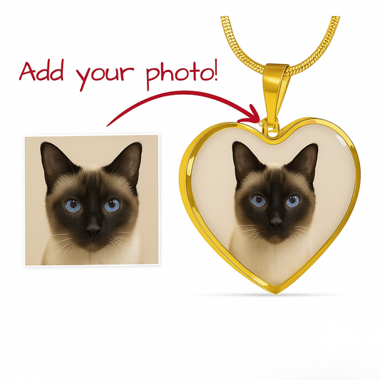 Custom Pet Photo Heart Necklace, gold-finish pendant with a cat photo beside the original photo and upload prompt.