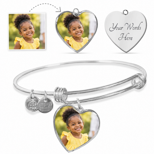 Custom Photo Heart Bangle, silver-tone bracelet with a child photo charm, source photo and reverse engraving example.