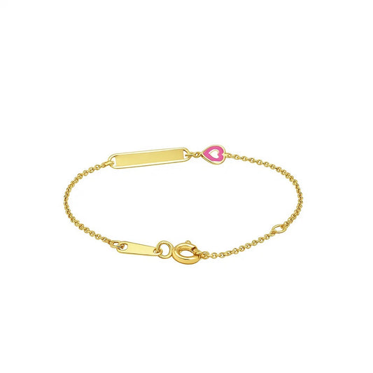 14K Yellow Gold Children’s ID Bracelet, oval arrangement with pink enamel heart, polished plate and spring ring clasp.