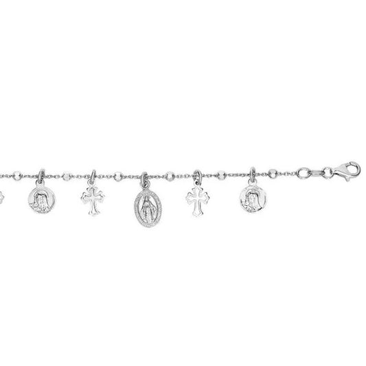 Silver bracelet with various charms on a white background