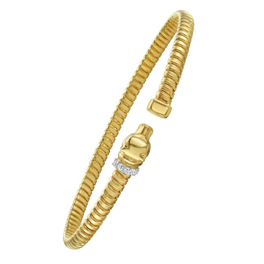 Tubogas Panther Cuff Bracelet in 14K Yellow Gold with Diamond Accents – 3.90 mm, flat lay showing flexible coiled silhouette and diamond-set panther collar detail.
