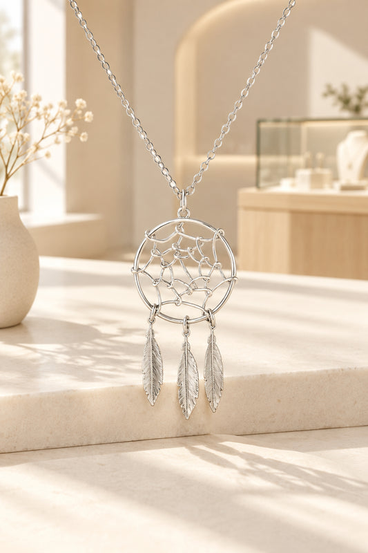 Dream Catcher Pendant Necklace in Sterling Silver – Woven Web & Feather Charms, 17 Inch 