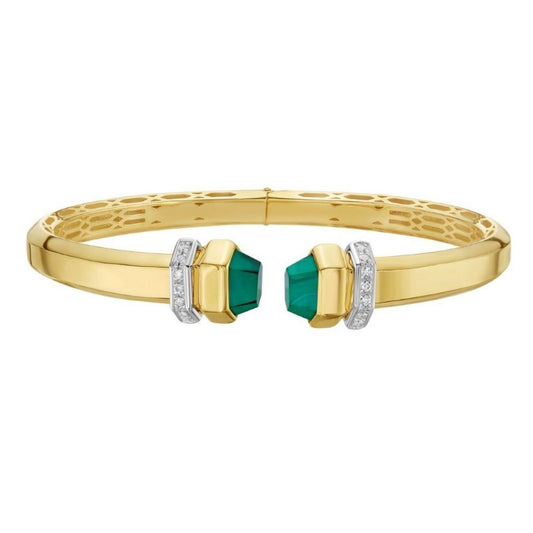 14K Yellow Gold Green Pyramid Art Deco Cuff Bangle with diamond accents — white background