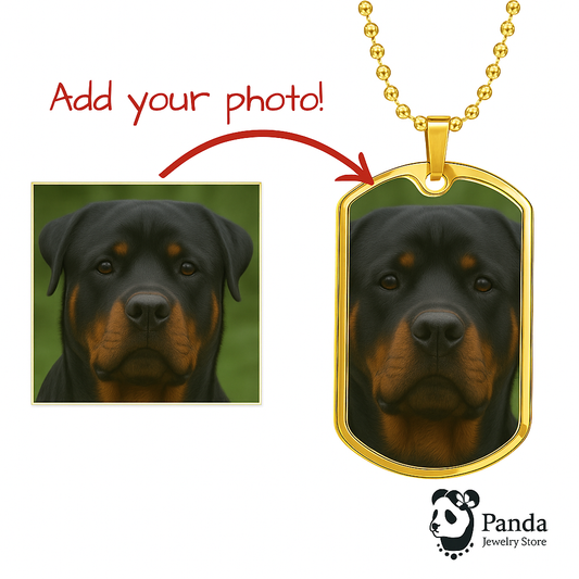 Custom gold dog tag necklace — dog face engraved with "add your photo" call-out