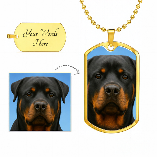 Custom Pet Photo Dog Tag Necklace, gold-finish Rottweiler photo pendant beside its source photo and engraving example.