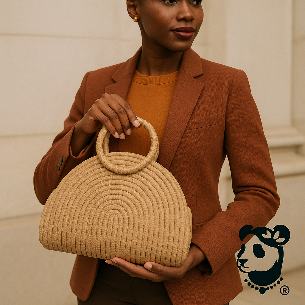 Woman holding a beige woven handbag against a neutral background