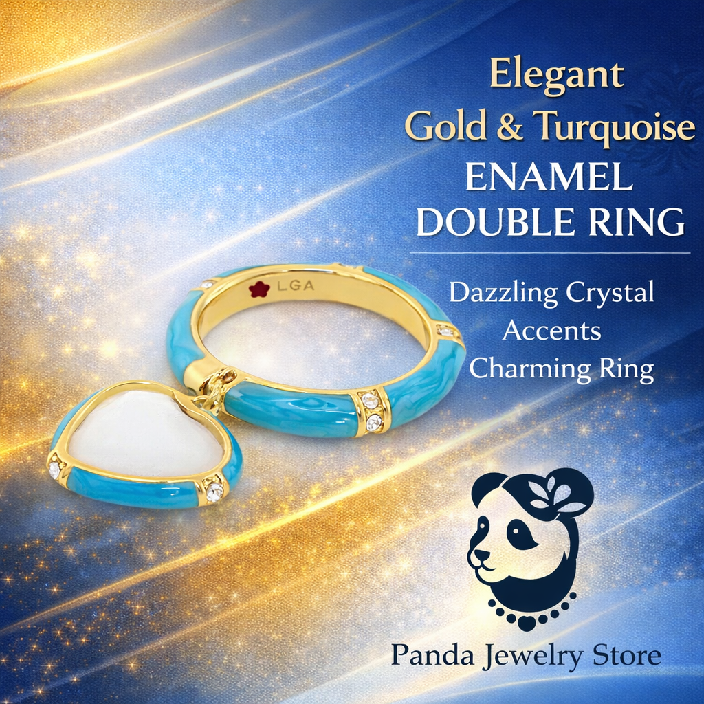 Elegant gold and turquoise enamel double ring with crystal accents on a blue and gold background, featuring Panda Jewelry Store logo.