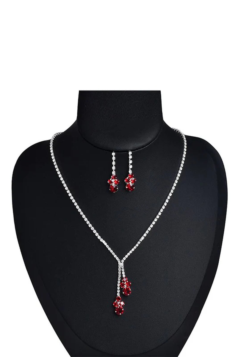 Elegant ruby red rhinestone necklace and earring set.