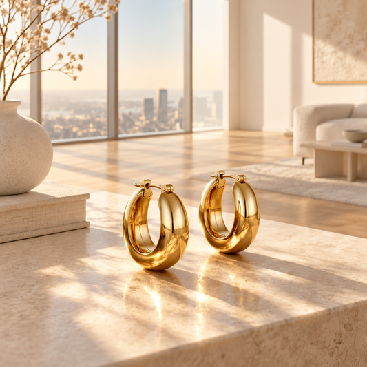 A pair of polished gold hoop earrings displayed on a light stone surface in a bright, modern living room with large windows and warm sunlight.