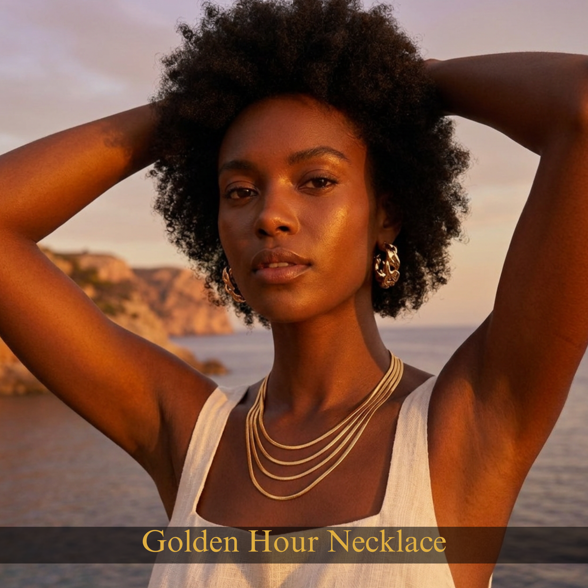 Woman with gold jewelry against a natural background