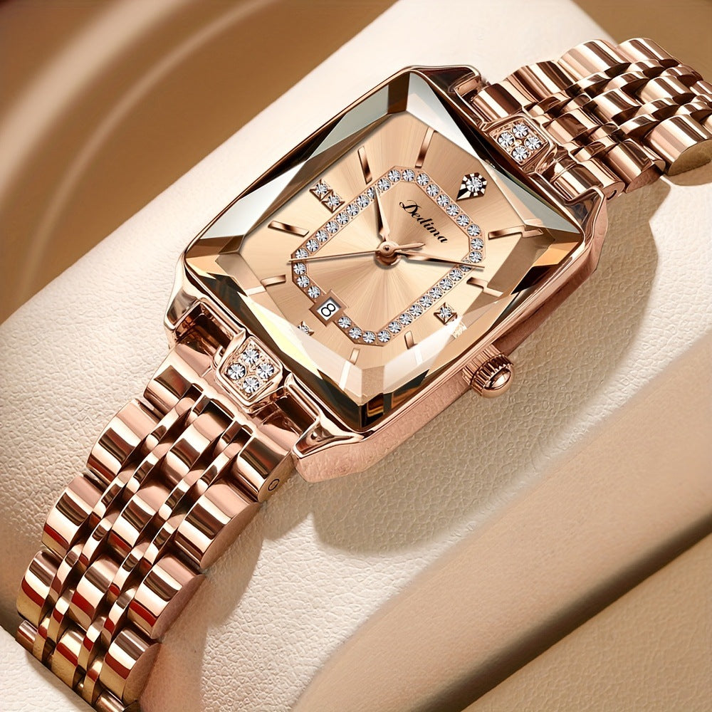 Women’s Luxury Pink Gold Rectangle Watch with Diamond Accents – Waterproof Elegant Timepiece