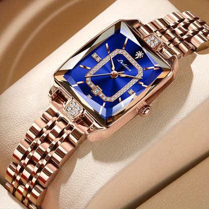 Women’s Luxury Pink Gold Rectangle Watch with Diamond Accents – Waterproof Elegant Timepiece