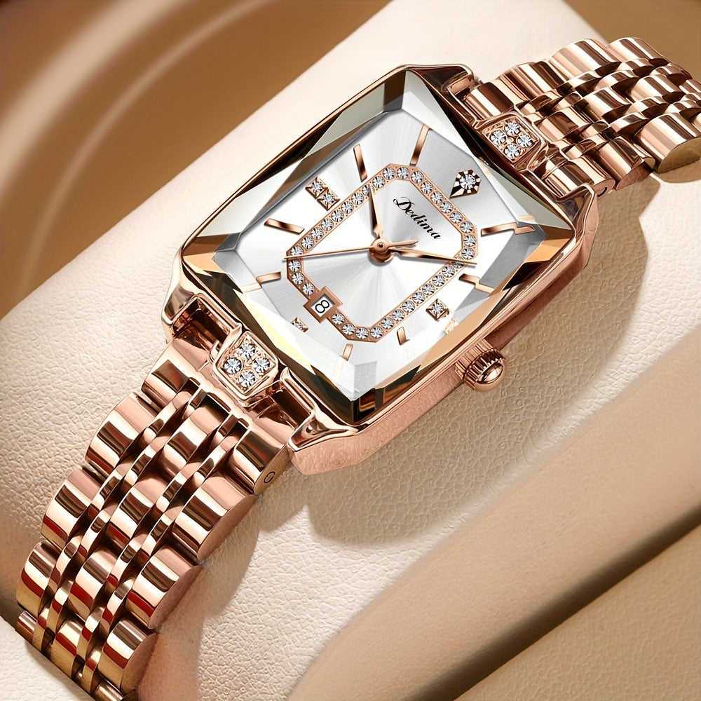 Women’s Luxury Pink Gold Rectangle Watch with Diamond Accents – Waterproof Elegant Timepiece