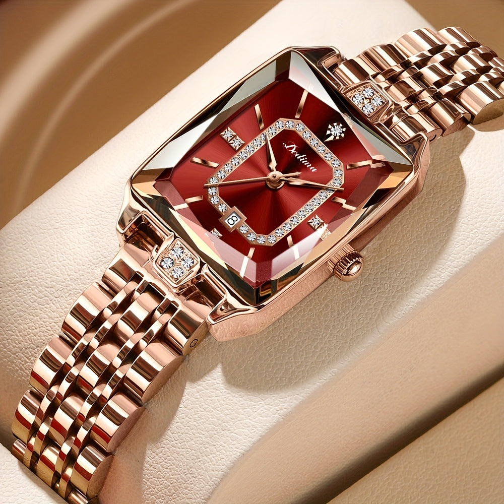 Women’s Luxury Pink Gold Rectangle Watch with Diamond Accents – Waterproof Elegant Timepiece