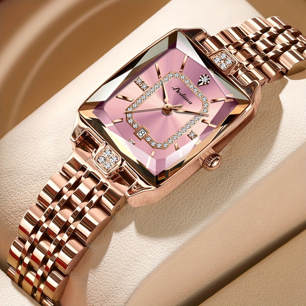 Women’s Luxury Pink Gold Rectangle Watch with Diamond Accents – Waterproof Elegant Timepiece