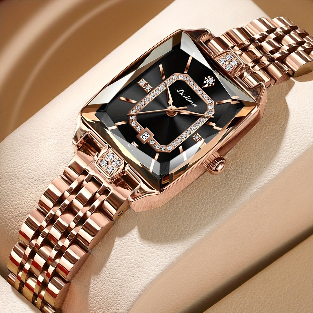 Women’s Luxury Pink Gold Rectangle Watch with Diamond Accents – Waterproof Elegant Timepiece