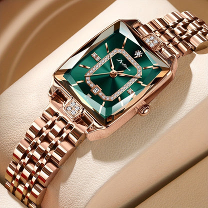Women’s Luxury Pink Gold Rectangle Watch with Diamond Accents – Waterproof Elegant Timepiece