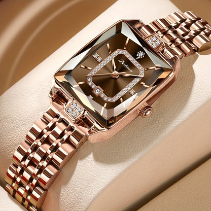 Women’s Luxury Pink Gold Rectangle Watch with Diamond Accents – Waterproof Elegant Timepiece