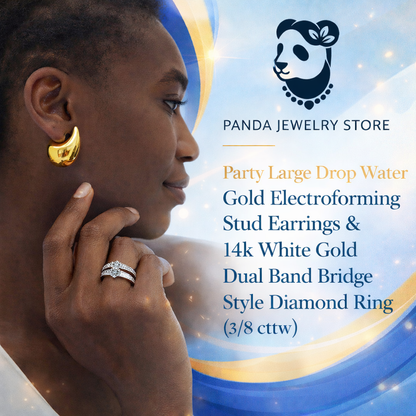 Woman wearing gold earrings and a diamond ring with Panda Jewelry Store branding.