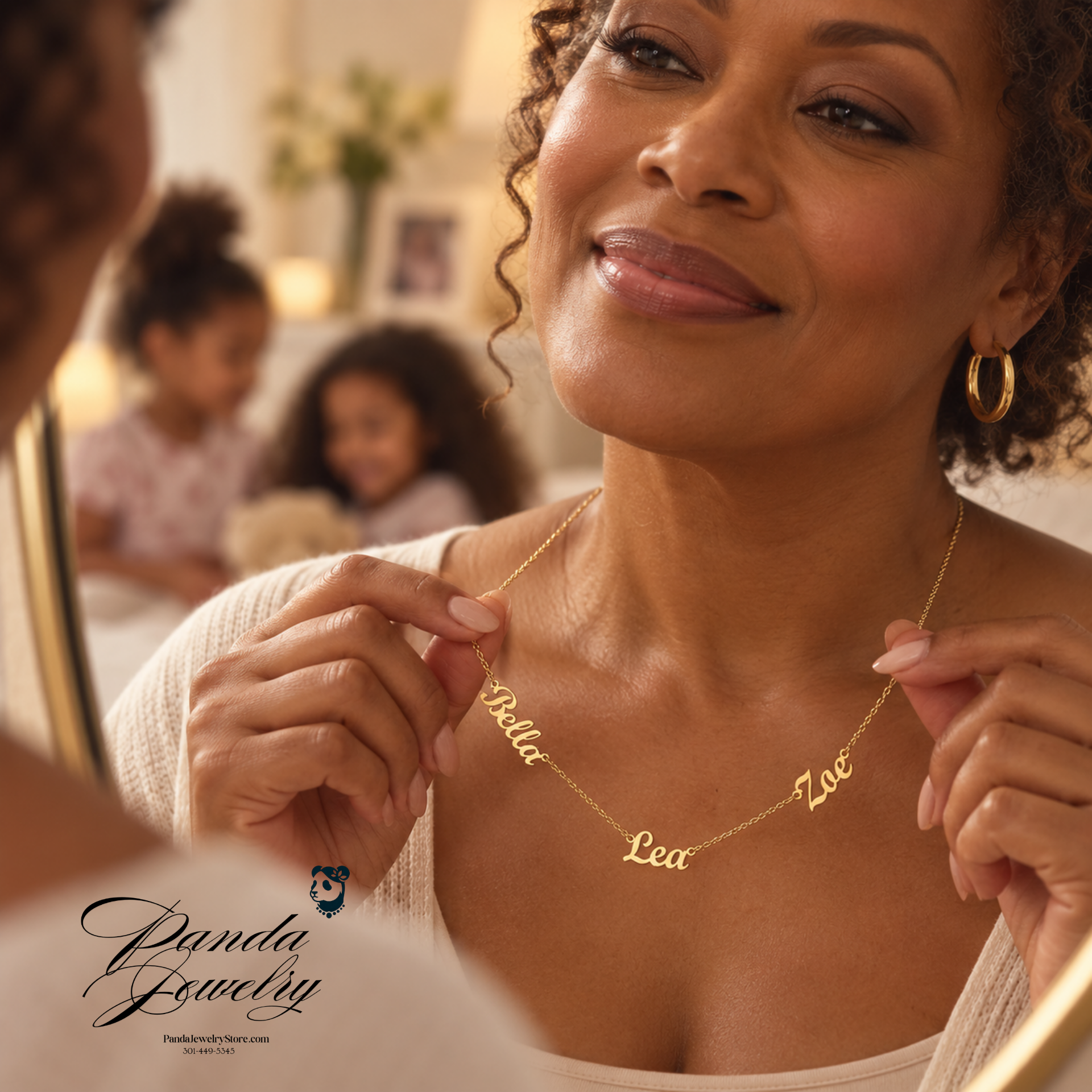 Personalized 2 or 3 Name Necklace in 18K gold finish, three cursive name charms layered on an adjustable cable chain.