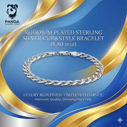 Rhodium Plated Sterling Silver Curb Style Bracelet (8.40 mm)
