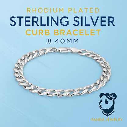 Rhodium Plated Sterling Silver Curb Style Bracelet (8.40 mm)