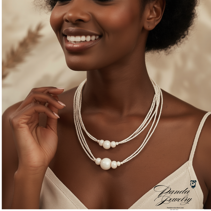 Sterling silver multi-strand necklace with three brushed round beads on cream background