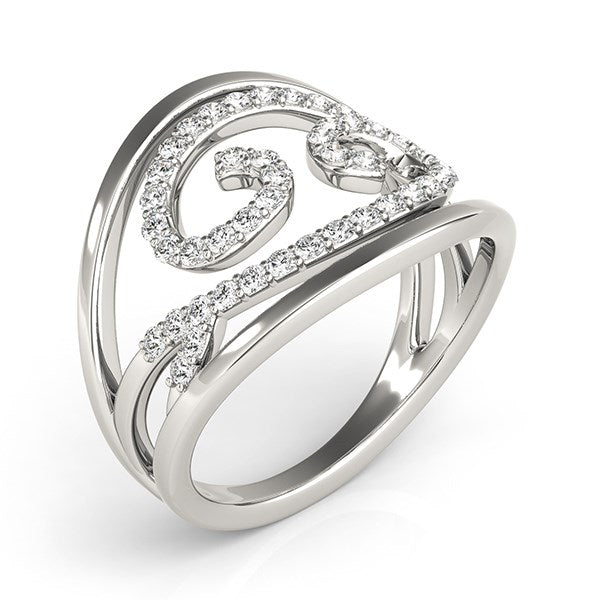 Silver ring with diamond accents on a white background