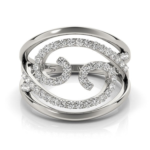 Silver ring with diamond accents on a white background